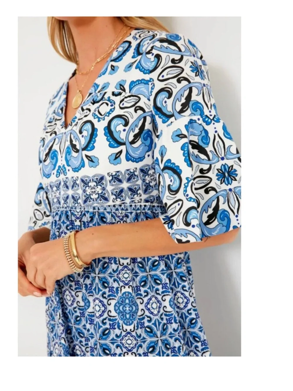 Tuckernuck Blue Majolica Tile Ginger Maxi Dress Flutter Sleeve Tiered XL NEW - Picture 3 of 15